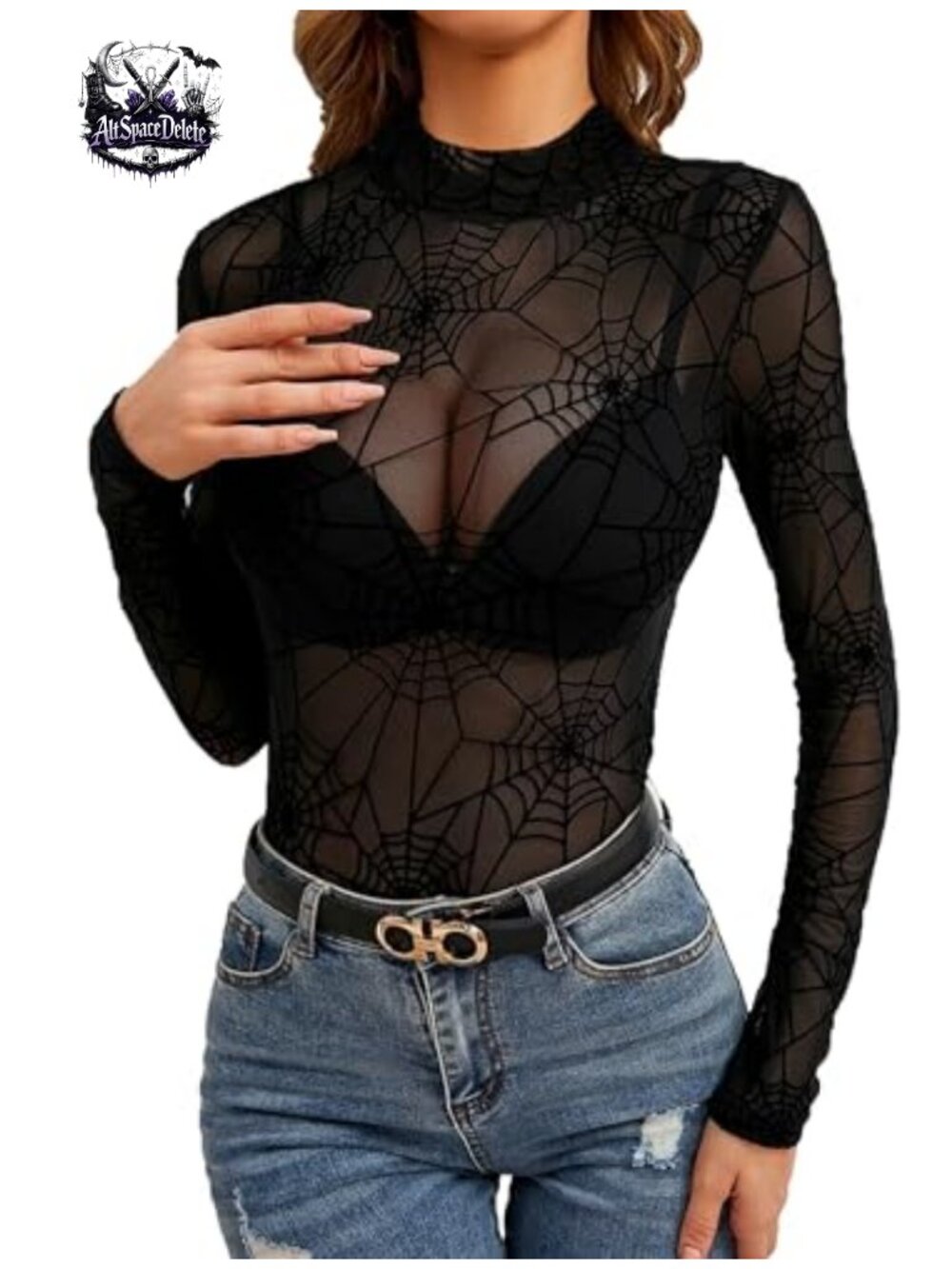 Floral Mesh Long Sleeve Top Mock Neck See Through Fitted Women